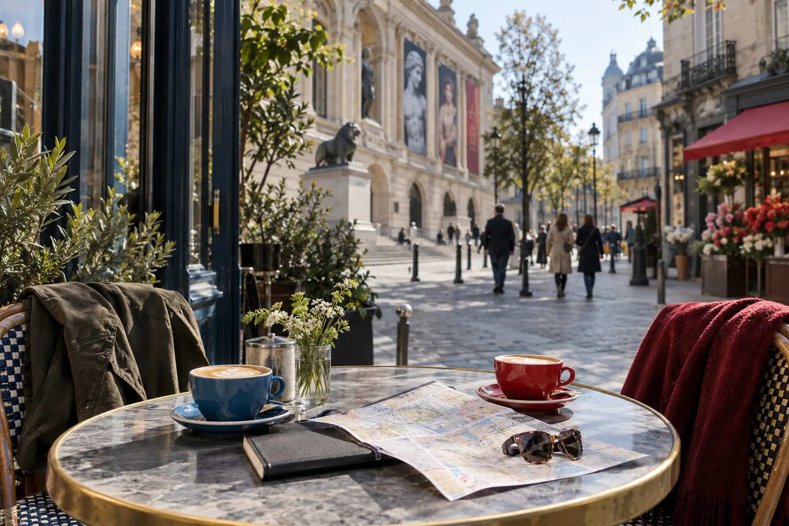 A cafe table beside a walkable city street