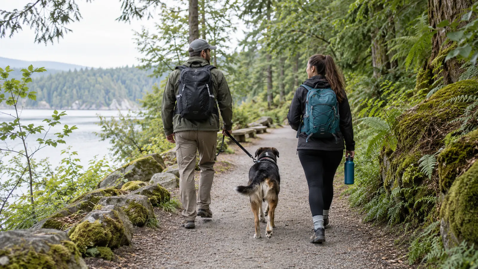 Two people and a leashed dog on a wooded lakeside path