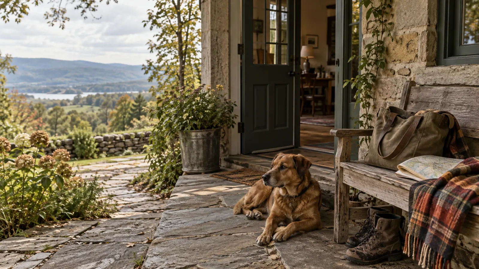 A dog resting by an open porch with a canvas bag and distant green hills